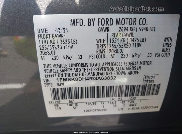 1FMSK8DH4RGA63832 2024 FORD FORD EXPLORER Gray Շարժիչի բաժամունքի տեսք