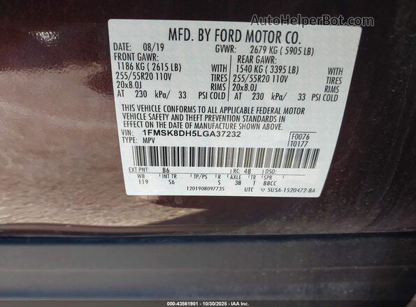 1FMSK8DH5LGA37232 2020 FORD FORD EXPLORER Burgundy ძრავის განყოფილების ხედი