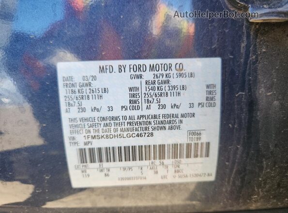1FMSK8DH5LGC46728 2020 FORD FORD EXPLORER Бирюзовый Вид наклейки с VIN-кодом