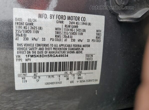 1FMSK8DH5RGA49034 2024 FORD FORD EXPLORER Gray Вид наклейки з VIN-кодом