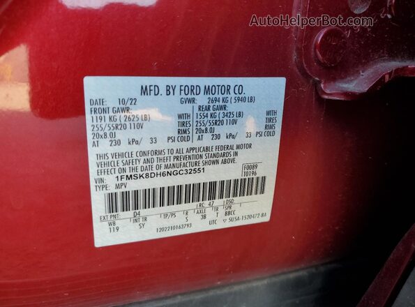 1FMSK8DH6NGC32551 2022 FORD FORD EXPLORER Red Շարժիչի բաժամունքի տեսք