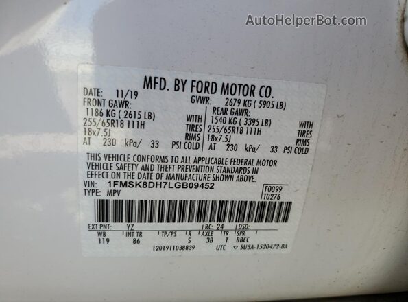 1FMSK8DH7LGB09452 2020 FORD FORD EXPLORER White Vista de la etiqueta del VIN