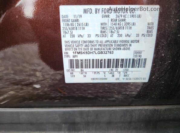 1FMSK8DH7LGB32763 2020 FORD FORD EXPLORER Бордовый Вид наклейки с VIN-кодом
