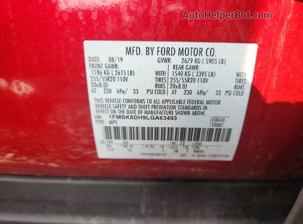 1FMSK8DH9LGA63493 2020 FORD FORD EXPLORER Red Widok naklejki z numerem VIN