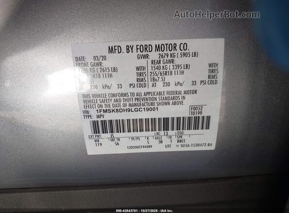 1FMSK8DH9LGC19001 2020 FORD FORD EXPLORER Gray Vista del compartimento del motor