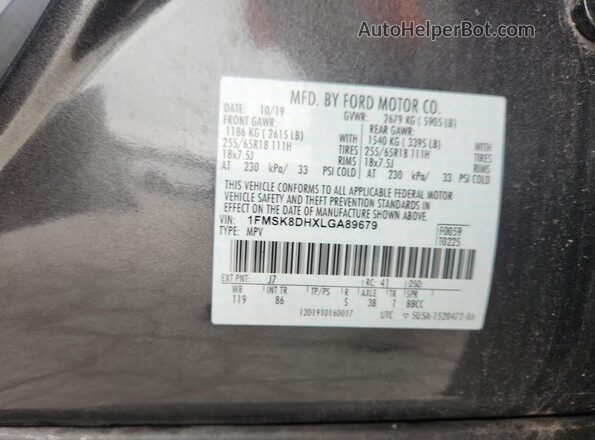 1FMSK8DHXLGA89679 2020 FORD FORD EXPLORER Gray Вид наклейки з VIN-кодом