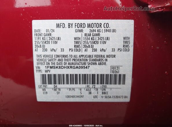 1FMSK8DHXRGA09547 2024 FORD FORD EXPLORER Red Vista del compartimento del motor