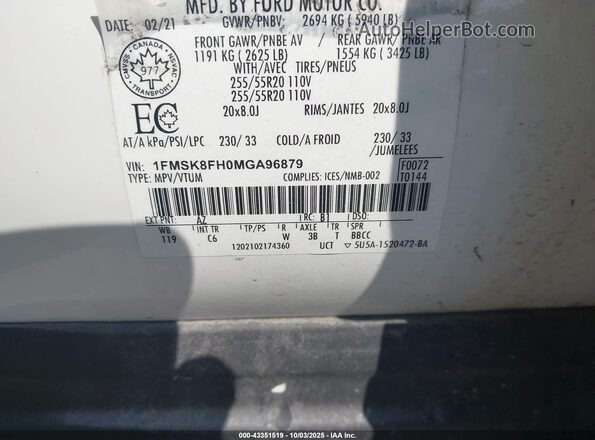 1FMSK8FH0MGA96879 2021 FORD FORD EXPLORER White 