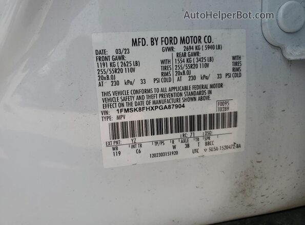 1FMSK8FHXPGA87904 2023 FORD FORD EXPLORER White Вид наклейки з VIN-кодом