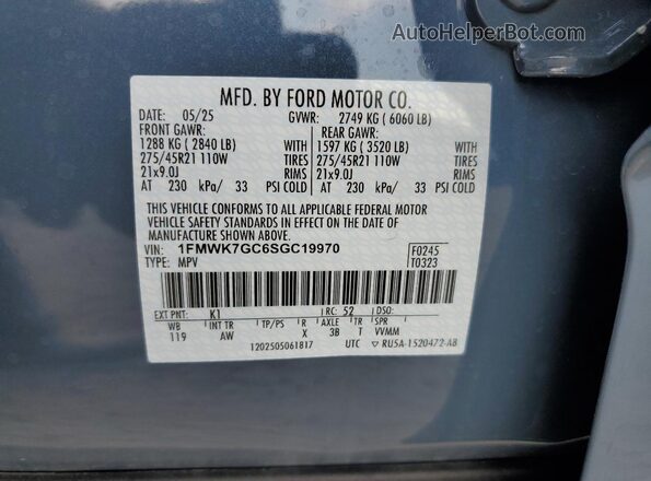 1FMWK7GC6SGC19970 2025 FORD FORD EXPLORER Blue VIN sticker view