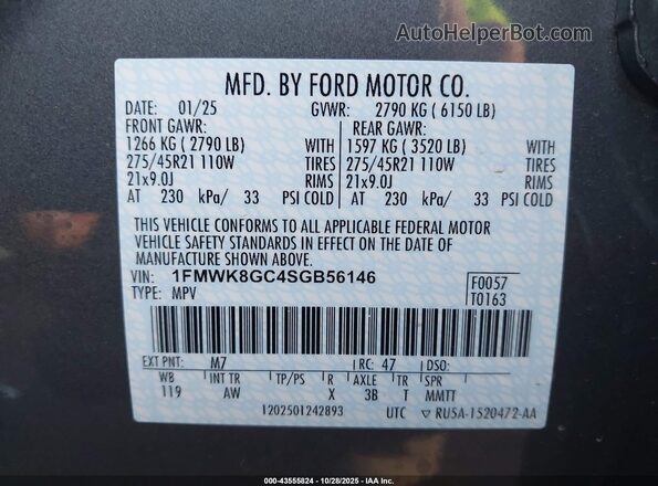1FMWK8GC4SGB56146 2025 FORD FORD EXPLORER Серый 