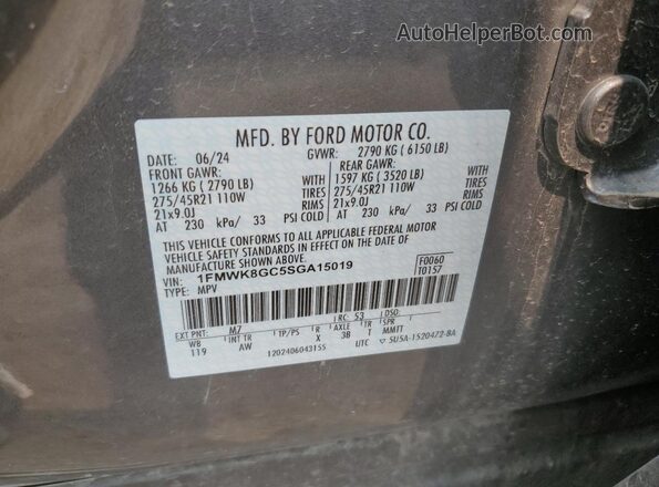 1FMWK8GC5SGA15019 2025 FORD FORD EXPLORER Gray Vista de la etiqueta del VIN