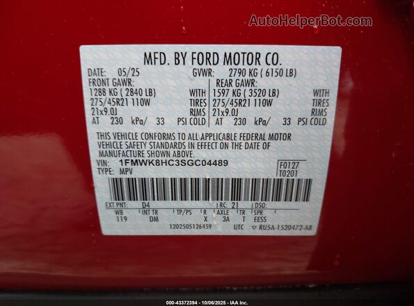 1FMWK8HC3SGC04489 2025 FORD FORD EXPLORER Red Widok komory silnika