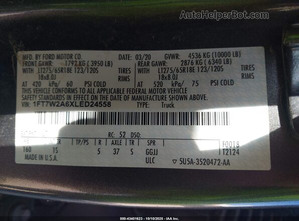 1FT7W2A6XLED24558 2020 FORD F-250 Gray Vista del compartimento del motor