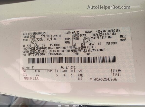 1FT7W2B67LED65938 2020 FORD F-250 White Vista del compartimento del motor