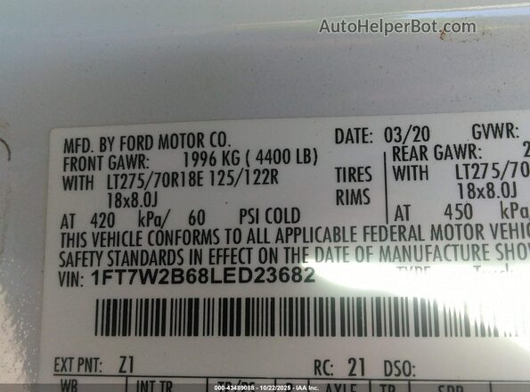 1FT7W2B68LED23682 2020 FORD F-250 White Вид підкапотного простору