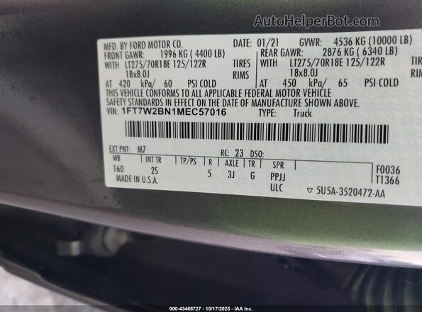 1FT7W2BN1MEC57016 2021 FORD F-250 Gray VIN sticker view