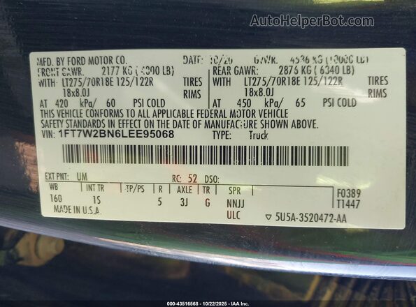 1FT7W2BN6LEE95068 2020 FORD F-250 Black Շարժիչի բաժամունքի տեսք