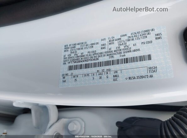 1FT7W2BNXREF93626 2024 FORD F-250 White Vista del compartimento del motor