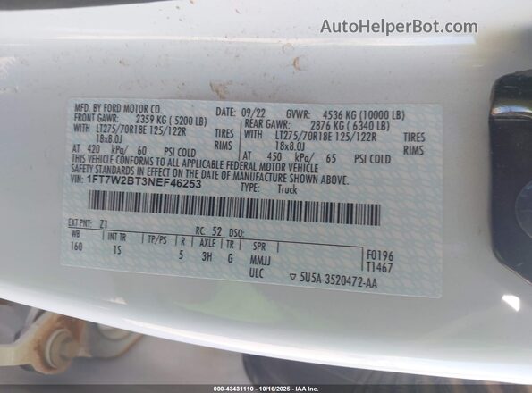1FT7W2BT3NEF46253 2022 FORD F250 White Вид підкапотного простору