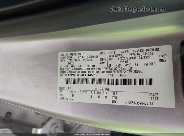 1FT7W2BT9JEC44508 2018 FORD F-250 Silver Շարժիչի բաժամունքի տեսք