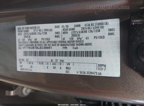1FT7W2BT9LEC59951 2020 FORD F-250 Бежевый Вид подкапотного пространства