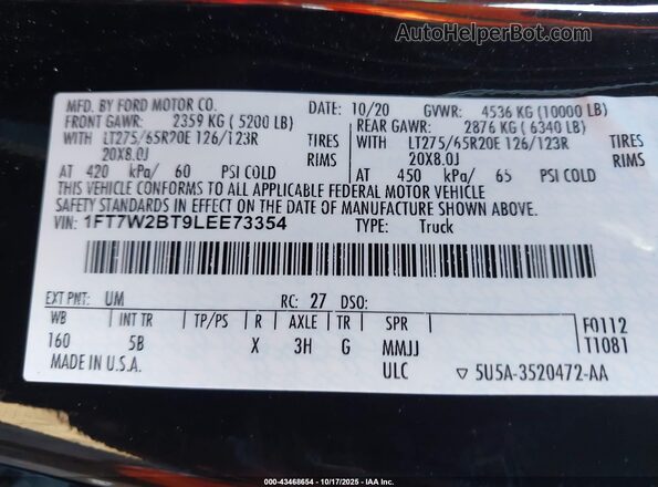1FT7W2BT9LEE73354 2020 FORD F-250 Black Widok komory silnika