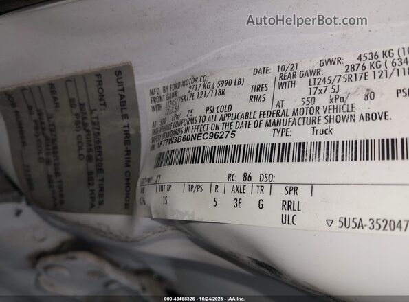 1FT7W3B60NEC96275 2022 FORD F350 White Widok komory silnika