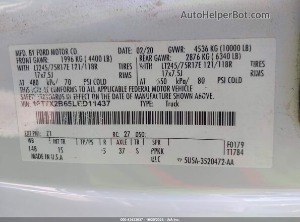 1FT7X2B65LED11437 2020 FORD F-250 White Vista del compartimento del motor