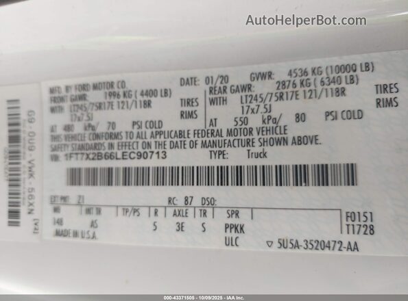 1FT7X2B66LEC90713 2020 FORD F-250 White Вид підкапотного простору