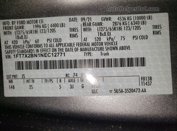 1FT7X2BN1NEC12771 2022 FORD F250 Серебряный Вид подкапотного пространства