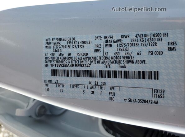 1FT8W2BA4REE93247 2024 FORD F250 White Vista del compartimento del motor
