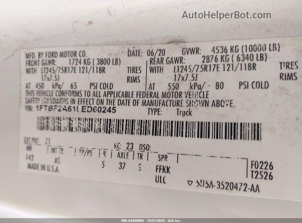 1FTBF2A61LED60245 2020 FORD F-250 White Widok komory silnika