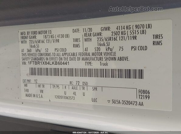 1FTBR1X84LKB60441 2020 FORD TRANSIT-250 White Շարժիչի բաժամունքի տեսք