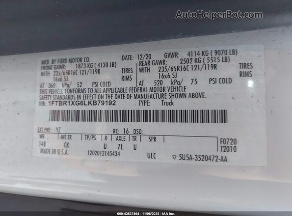 1FTBR1XG6LKB79192 2020 FORD TRANSIT-250 White 