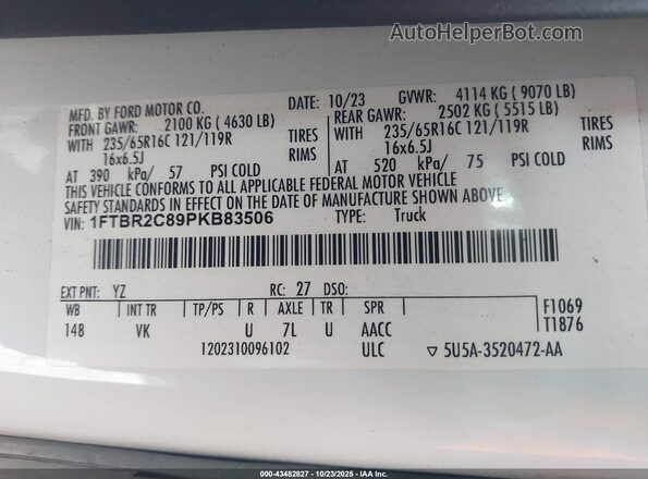 1FTBR2C89PKB83506 2023 FORD TRANSIT-250 White Widok komory silnika