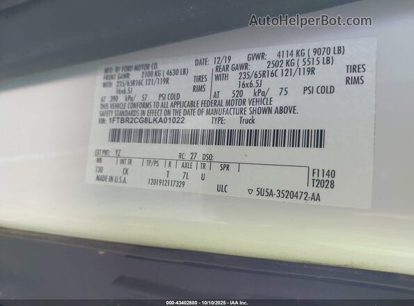 1FTBR2CG8LKA01022 2020 FORD TRANSIT-250 White Vista del compartimento del motor