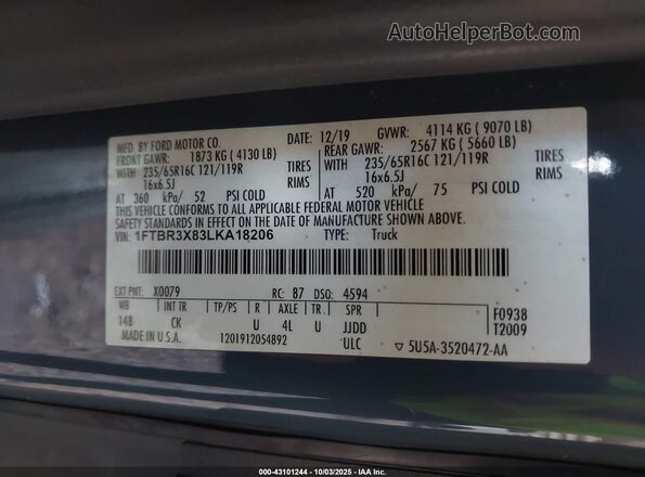 1FTBR3X83LKA18206 2020 FORD TRANSIT-250 Blue Vista del compartimento del motor