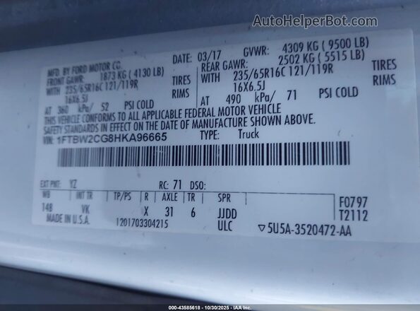 1FTBW2CG8HKA96665 2017 FORD TRANSIT-350 White 