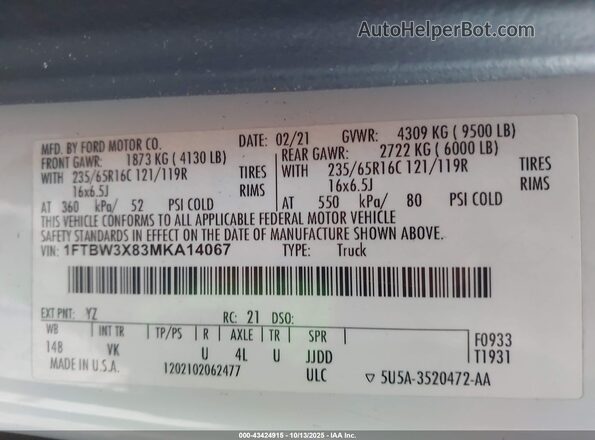1FTBW3X83MKA14067 2021 FORD TRANSIT-350 White Engine compartment view