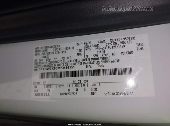 1FTBW3X83MKA14151 2021 FORD TRANSIT-350 White Vista del compartimento del motor