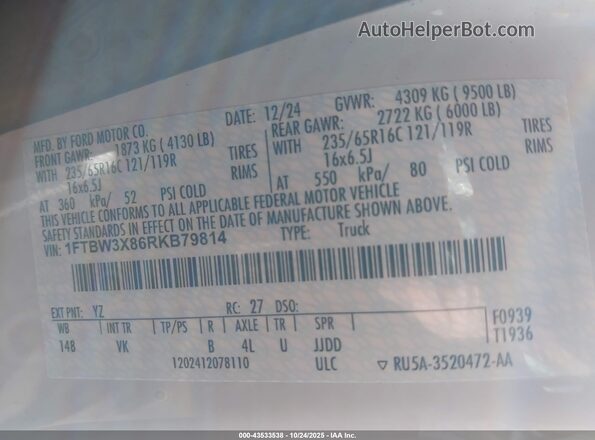 1FTBW3X86RKB79814 2024 FORD TRANSIT-350 White Շարժիչի բաժամունքի տեսք