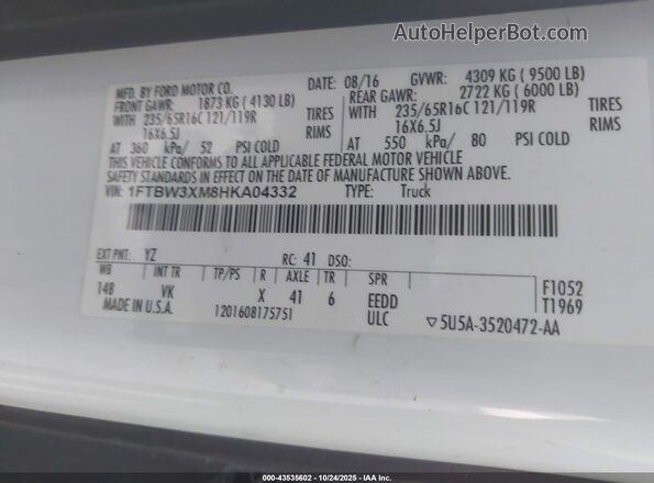1FTBW3XM8HKA04332 2017 FORD TRANSIT-350 White Widok komory silnika