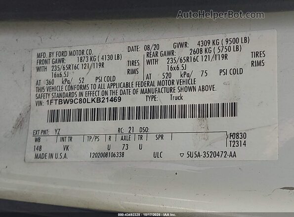 1FTBW9C80LKB21469 2020 FORD TRANSIT-350 White Շարժիչի բաժամունքի տեսք