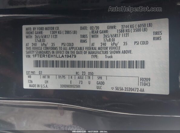 1FTER1EH1LLA19479 2020 FORD RANG Black ძრავის განყოფილების ხედი