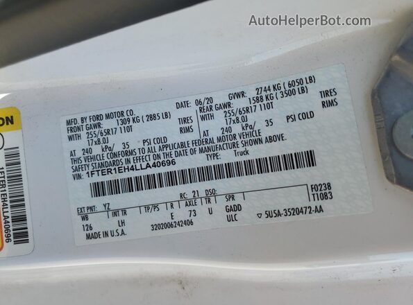 1FTER1EH4LLA40696 2020 FORD RANG White Widok komory silnika