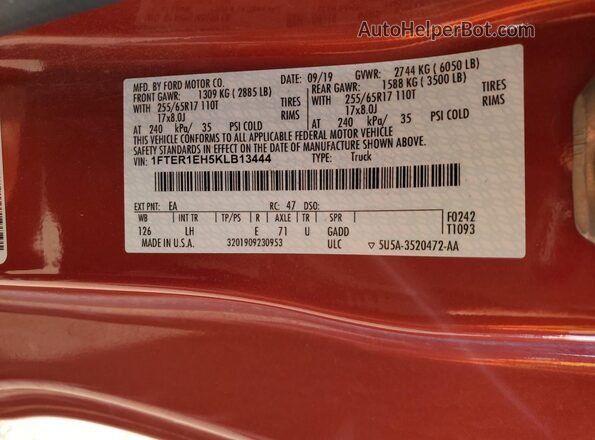 1FTER1EH5KLB13444 2019 FORD RANG Red Widok komory silnika