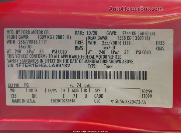 1FTER1EH5LLA89132 2020 FORD RANG Red Widok komory silnika