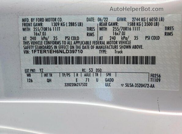 1FTER1EH6NLD39710 2022 FORD RANG White Вид підкапотного простору