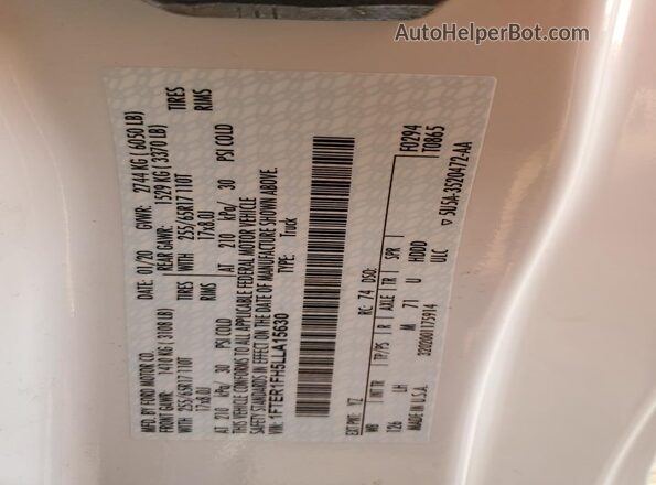 1FTER1FH5LLA15630 2020 FORD RANG White Widok naklejki z numerem VIN